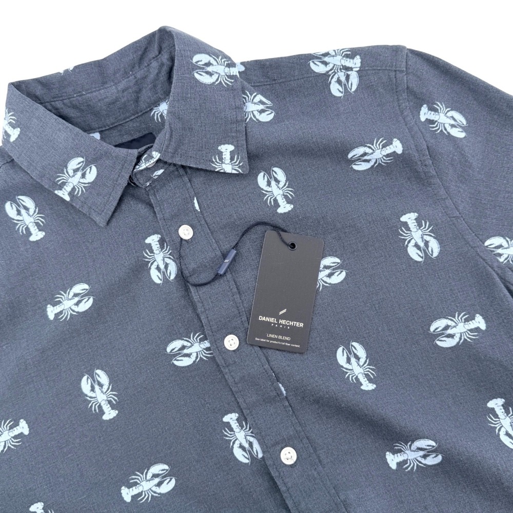 NEW Daniel Hechter Button Down Shirt Mens S Grey Lobster Print Linen Blend